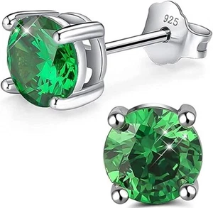925 Sterling Silver 6MM Round Cut Emerald Stud Earrings For Women & Girls - Picture 1 of 1