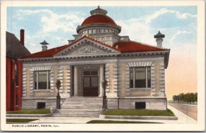 Postal de Pekín, Illinois de la década de 1910 ""BIBLIOTECA PÚBLICA"" Vista frontal del edificio/sin usar - Imagen 1 de 2