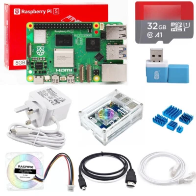Raspberry Pi 5 4gb 8gb Ram Model Kit Board Power Supply Case with Fan Heatsinks - Image 1 of 4