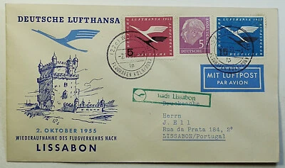 1955 Lufthansa German Airlines Air Services Bonn - Lisbon Portugal Airmail Cover - Image 1 of 2