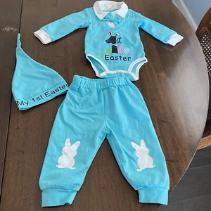 Baby 1st Easter Outfit Top Bottoms and Hat Teal 6-9 Months 3 Piece Set - Picture 1 of 9