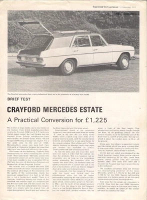 Folleto del Reino Unido Crayford Mercedes-Benz 250 Estate W114 prueba de carretera 1972-73 Foto 1 de 2