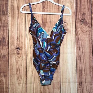 Traje de baño Gottex estampado envolvente frontal de una pieza turquesa para mujer talla mediana - Imagen 1 de 10