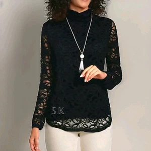 NWT- CHICO'S "Laila" Long Sleeve Lace Turtleneck Stretch Knit Top size 2 = LARGE - Picture 1 of 14