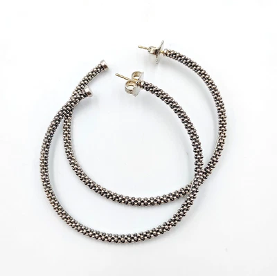 Lagos Caviar Sterling Silver 925 14K Gold Posts Large Hoop Earrings 60 mm Foto 1 de 4