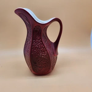 Vintage McCoy USA Pitcher Burgundy Red Floral Relief 8" Tall Ceramic Water Jug - Picture 1 of 11