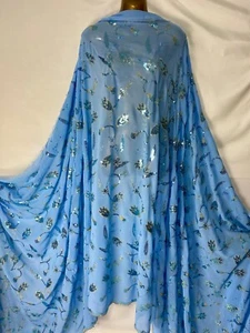 L/Blue Georgette Gold Embroided with Sequins Scallop Dress/Craft/Weddings Fabric - Picture 1 of 11