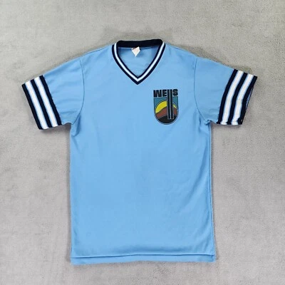 Camisa Bicicleta De Colección Para Hombres Grande Azul Wells #31 Logo Cuello en V 4023 Poliéster Hecha en EE. UU. Foto 1 de 4