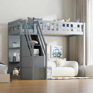 Hochbett 90x200 Etagenbett mit Stauraumtreppe Regalen Kinderbett Jugendbett Grau - Bild 1 von 8