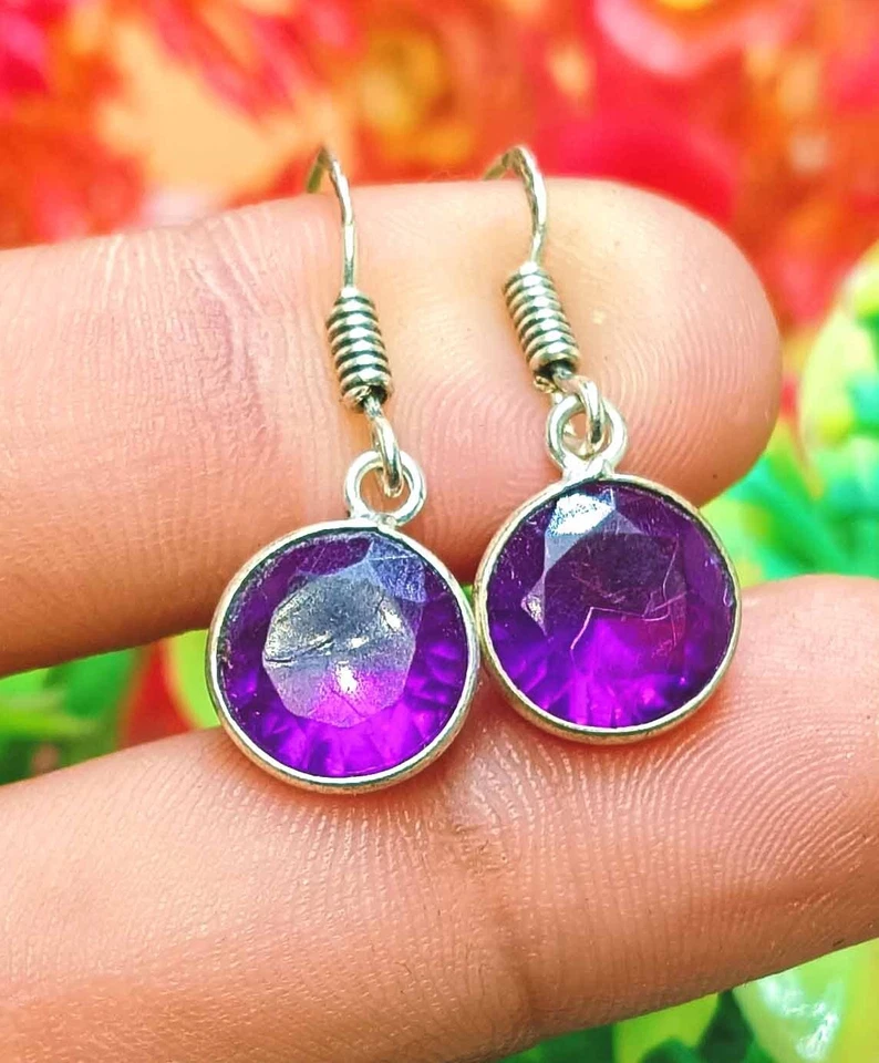 Pretty Faceted Purple Topaz Gemstone 925 Sterling Silver Plated Handmade Earring - Image 1 of 1