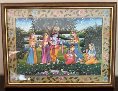 Pintura hecha a mano del Señor Krishna Radha de arte religioso hindú en tela de seda Foto 1 de 4