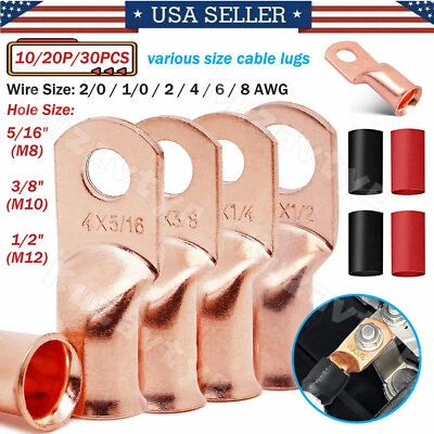 10X Copper Battery Cable Lug AWG 2/0 1/0 2 4 6 8 Wire Ends Connector with Tubing - Image 1 of 4