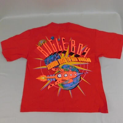 Camiseta roja grande vintage años 90 Bugle Boy niños enviando vibraciones a nuevos mundos #2035 Foto 1 de 4