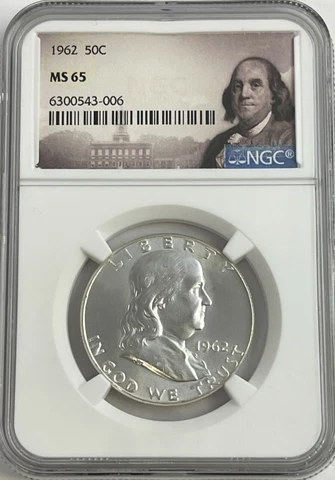 1962 P NGC MS65 FRANKLIN HALF DOLLAR WHITE COINS 50 c 90% SILVER FRANKLIN LABEL Cover