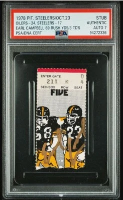 1978 Oilers Steelers Earl Campbell Signed Football Ticket Certified Auto 7 HOF - Image 1 of 2