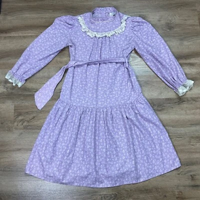 Vestido Vintage Niñas Talla 12 Halo Moda Años 80 Encaje Púrpura Cintura Caída Floral Prin Foto 1 de 4