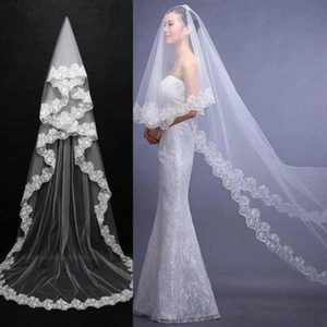 3M Cathedral Length Bridal Wedding Veil Lace Edge Tulles-White Ivory No Comb Acc - Picture 1 of 7