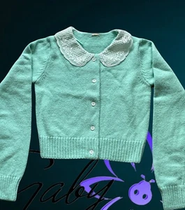 Urban Outfitters Cropped Cardigan Lace Collar Preppy Size XS Pastel Green  - Picture 1 of 4