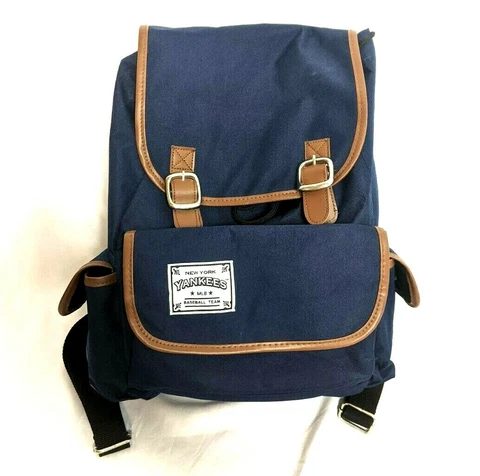 New York Yankees Navy Blue Brown Faux Leather Trim Backpack MLB Team Official Cover