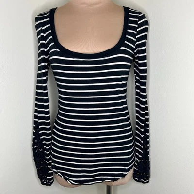 Free People Hard Candy Top Small Women Striped Black White Lace Cuff Studded Tee - Image 1 of 4