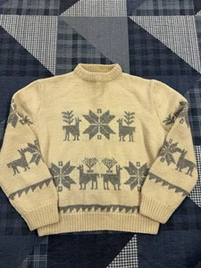 Vintage 70s 100% Wool HandKnit Nordic Style Hunting Heavy Sweater Creme Mens M - Picture 1 of 5