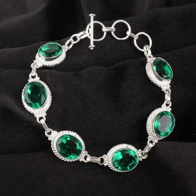 Pulsera de joyería de plata de ley 925 hecha a mano con piedras preciosas de esmeralda creadas en laboratorio regalo Foto 1 de 4
