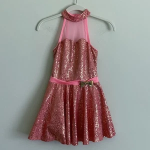 Revolution Dancewear Coral Sequin Halter Dress Costume w/ Shorts Size MC - Picture 1 of 7