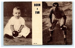 Born a Fan Baseballspieler mit Handschuh Baby mit Ball frühe Postkarte D4 - Bild 1 von 2