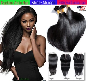 3 Bundle STRAIGHT Virgin Brazilian Human Hair w/FREE Lace Closure Natural Black - Picture 1 of 9