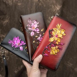 Mujeres Cuero de Vaca Genuino Billetera Larga Cartera Bolso de Mano Bolso de Bolso de Bolso Tarjetas Flores - Imagen 1 de 8
