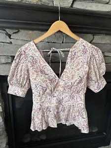 J. Crew Sz 4 Puff sleeve V neck top Back Zip paisley garden Floral White Red - Picture 1 of 7