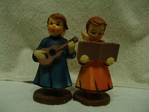 VINTAGE SET OF 2 ANGEL ORNAMENTS VERY UNUSUAL BLUE & ORANGE 4 1/4"T - Picture 1 of 3
