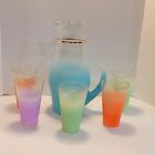 Vintage MCM Pastel Frosted Blendo 1950’s Juice Pitcher 5 Glasses With Gold Trim 