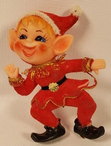 Vintage Christmas Elf Pixie Ornament, Red Flocked Dancing Gnome - CH2 - Picture 1 of 6