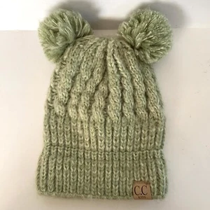 CC Kids Double Pom Pom Ear Hat Knit Light Green Chunky Winter Beanie Toque Youth - Picture 1 of 6