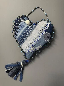 Denim Hanging HEART with TASSEL beaded, lace, handmade, recycled, valentine - Picture 1 of 5