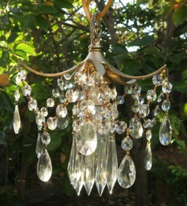 vintage Pineapple palm leaf ceiling lamp Brass Chandelier crystal prism 30" cord - Picture 1 of 12