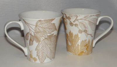 222 Fifth GOLDEN FOLIAGE Leaves Leaf Coffee Mug Tea Cup 12oz. Porcelain Set of 2 - Image 1 of 4