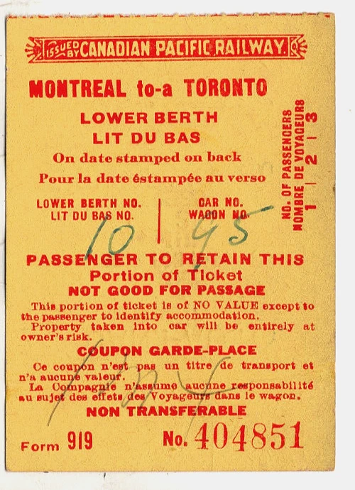 Railway ticket: Canadian Pacific: Montreal to Toronto, Lower Berth, 1936 - Image 1 of 1