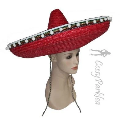 W-A4 Red Blue Handmade Straw Mexican Spanish Western Cowboy Sombrero Big Hat - Image 1 of 3