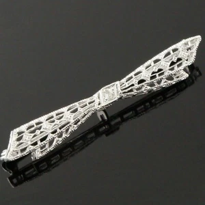 c1920 Art Deco Solid 14K & Diamond Filigree Bar Pin, Bow Motif Brooch - Picture 1 of 5