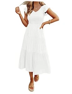  Women's Flutter Sleeve Smocked Midi Dress V Neck Casual Tiered Medium White - Picture 1 of 7