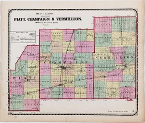1871 ILLINOIS County Map PIATT - CHAMPAIGN - VERMILLION Original (16X13) - Picture 1 of 4