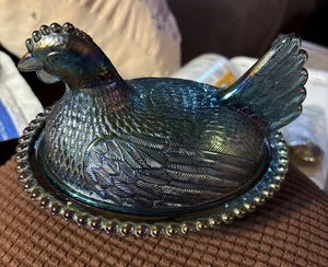 Vtg Indiana Glass Iridescent Horizon Blue Chicken Hen on Nest Covered Candy Dish - Picture 1 of 7
