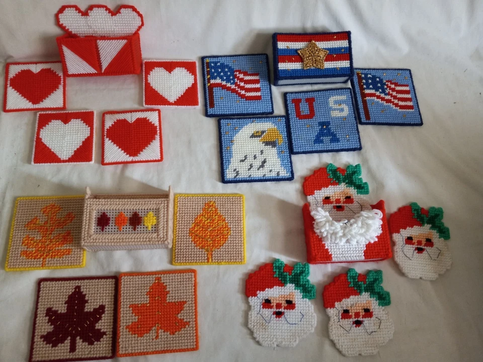 Vintage Seasonal Holiday Plastic Canvas Coasters 4 full Sets Handmade - Image 1 of 4