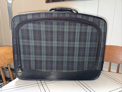 Mala xadrez vintage meados do século 1970 azul e verde - Imagem 1 de 4