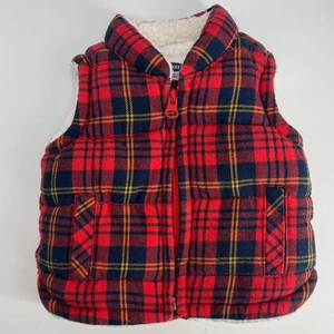 Old Navy Plaid Fleece Lined Puffer Vest Baby Toddler Red Blue Yellow 0-3M - Picture 1 of 5