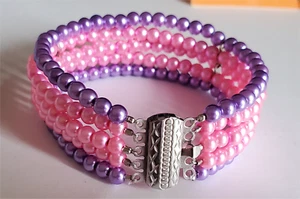 5 rows Pink Purple Faux Pearl Bead Fashion Jewelry Bangle Bracelet Wide Clasp 7" - Picture 1 of 6