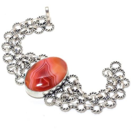 VALENTINO Bracciale argento sterling 925 pietra preziosa etnica agata pizzo rosa naturale 7 8" V157