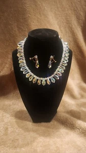 Mid Century 1950s Crystal Teardrop Dangling Necklace With Earrings - Picture 1 of 4
